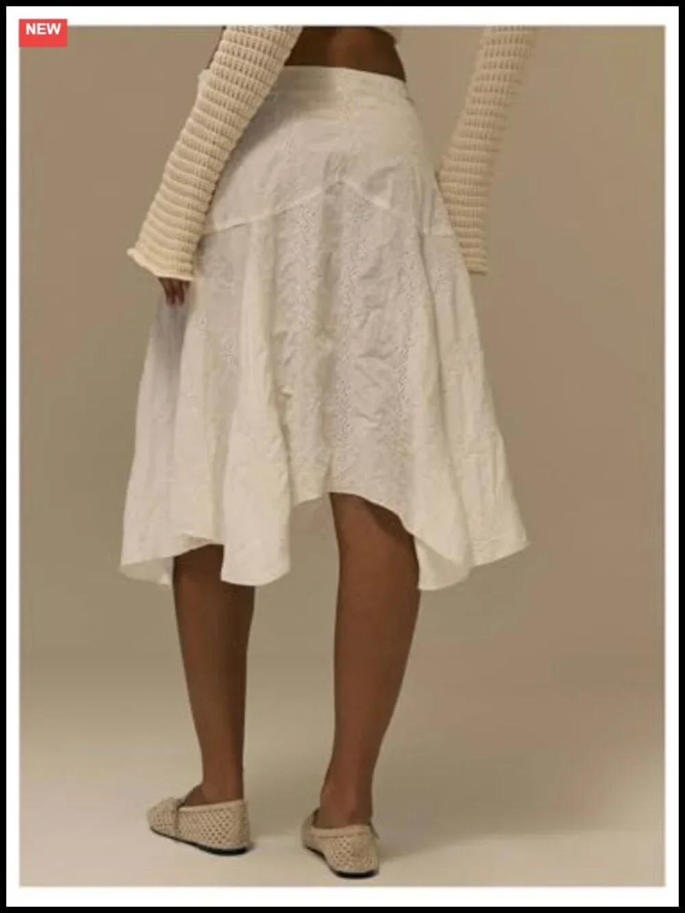 Ruffled A-Line Midi Skirt with Eyelet Embroidery, Low Rise, Summer Boho